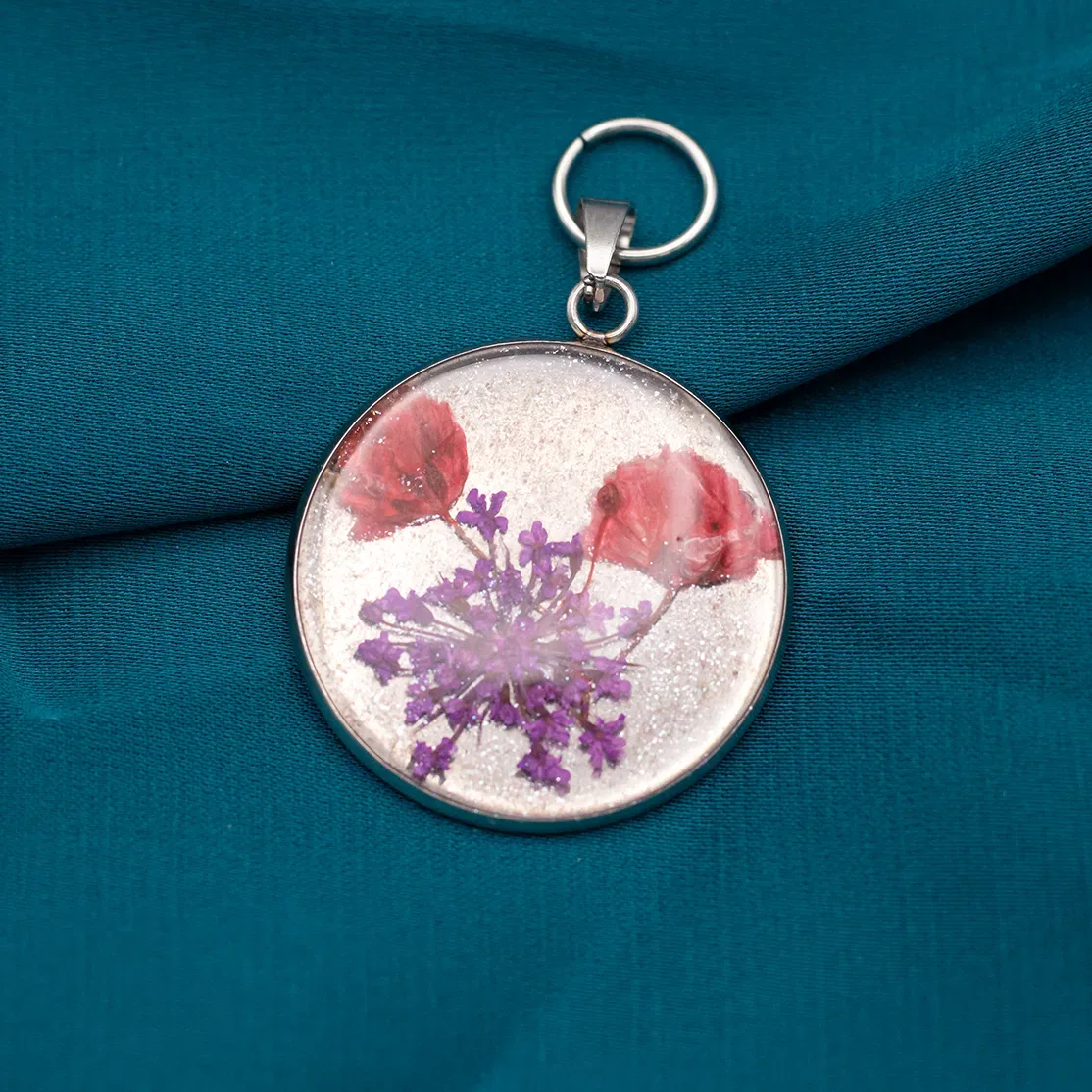 Pendenti Cabochon in Acciaio Inox con Resina e Fiori Essiccati