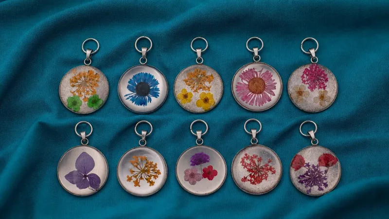 Pendenti Cabochon in Acciaio Inox con Resina e Fiori Essiccati