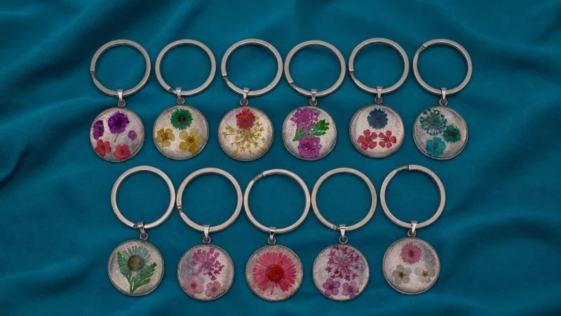 Portachiavi in Acciaio Inox con Resina e Fiori Essiccati